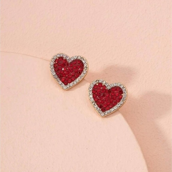 Rhinestone Earrings Hearts Heart Diamond Earrings Textured Ends Red Pave Gold - Picture 1 of 5